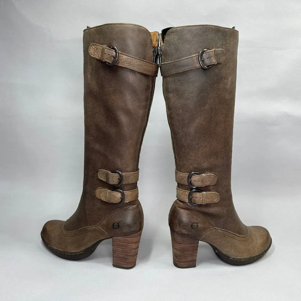 Born Women's Size 6 Tall Brown Leather‎ Buckle Strap Heeled Riding Boots